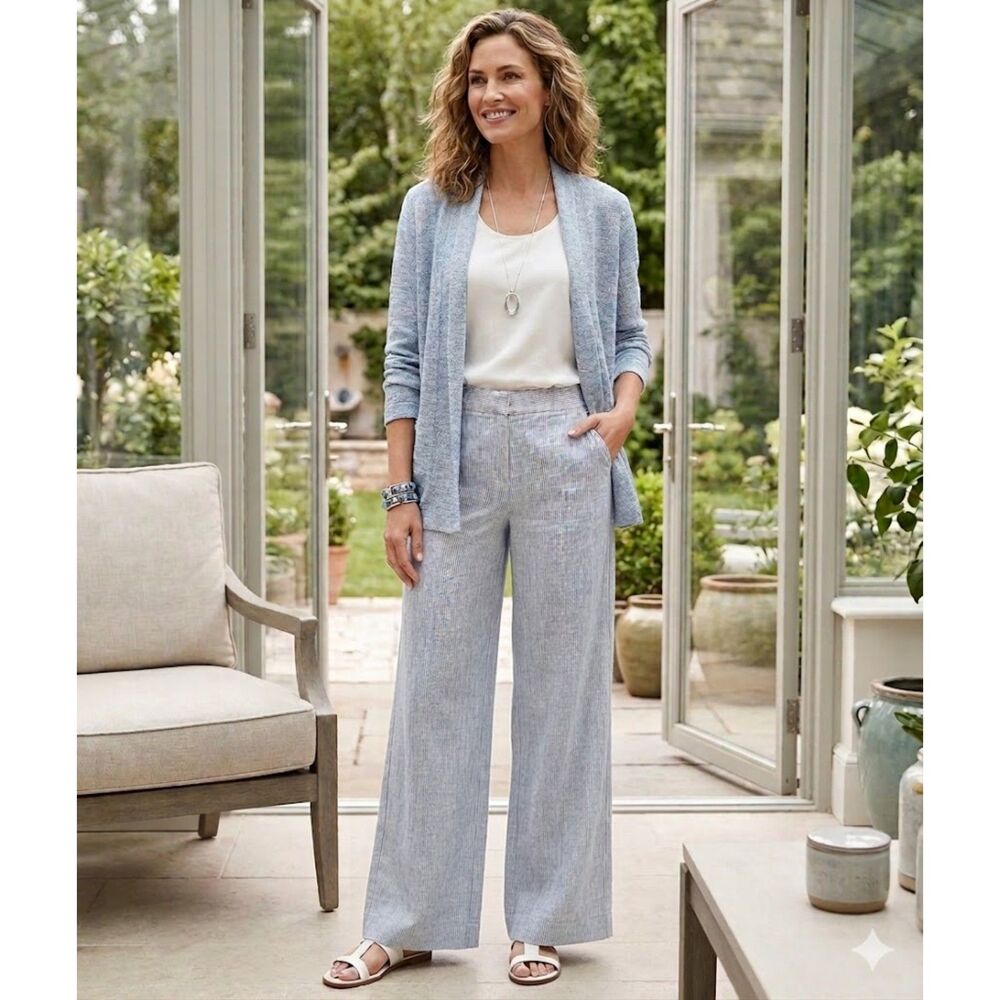 Chico's Linen Blue Gray Marin Pants Relaxed & Wide Leg M Chic Luxury Coastal